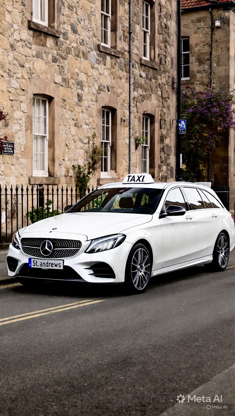 St Andrews Cabs Go Mercedes-Benz parked beside traditional Fife stone townhouses