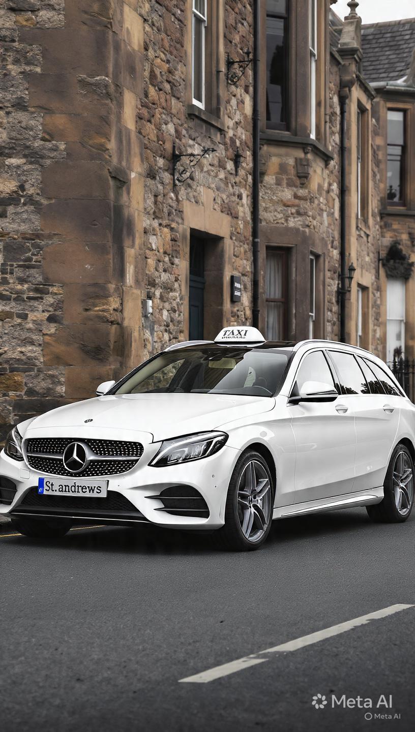 White Mercedes-Benz taxi with St Andrews number plate